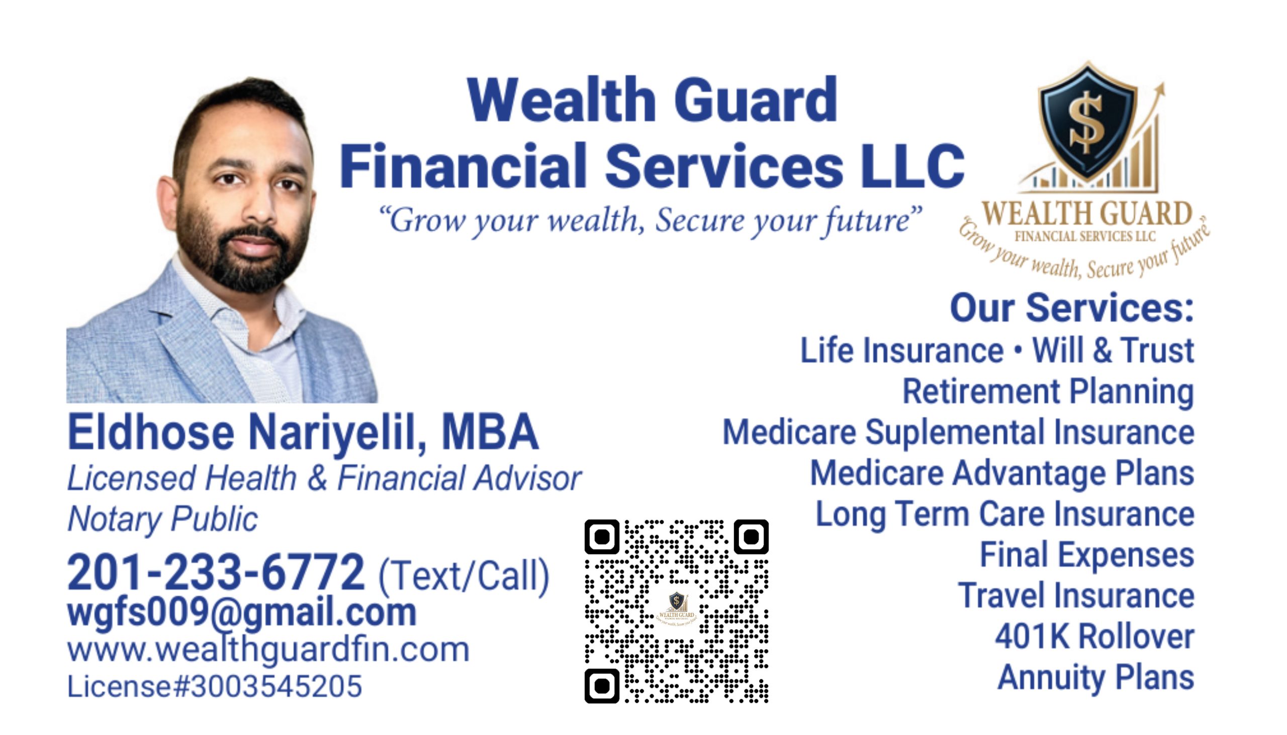 New Wealth Guard Financial Services business card and contact information